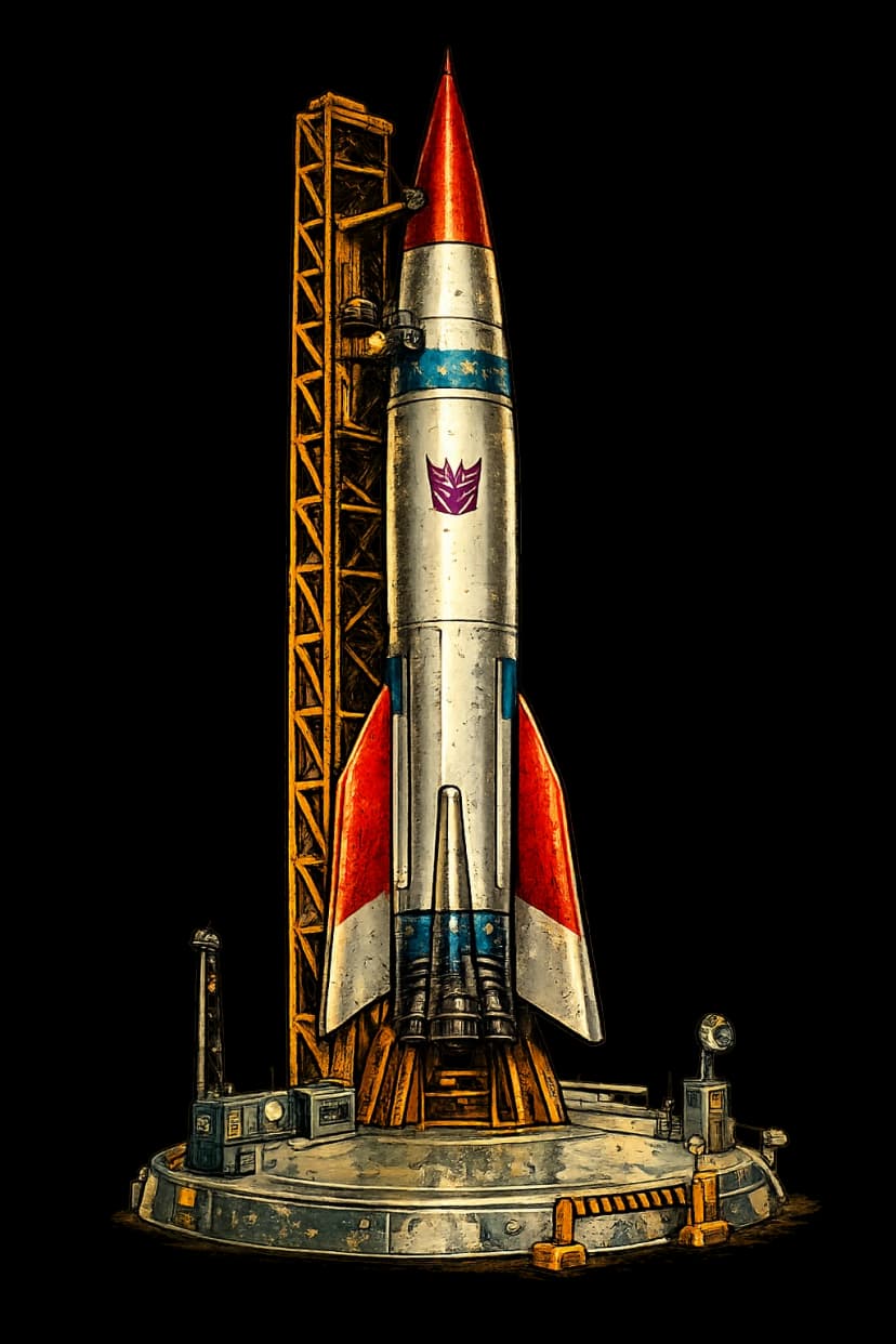 Vintage toy rocket on launchpad